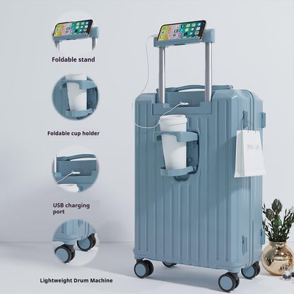 Carry-on Luggage with Cup Holder & USB Charging Port, Hard Side Luggage with Spinner Wheels, Lightweight Luggage for Travel, Business, School (Lake Blue, Carry-On 20-Inch) - color: Lake Blue