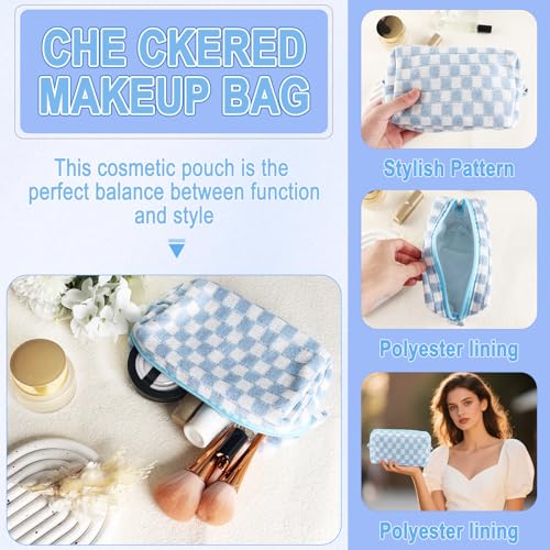 ZLFSRQ 6Pcs Checkered Pencil Case Cute Pencil Pouch for Teens Checkered Makeup Bag Blue Medium Travel Cosmetic Bag Makeup Pouch for Purse Aesthetic Trendy Zipper Toiletry Bags Organizer - color: Checkered 6Pcs M Blue