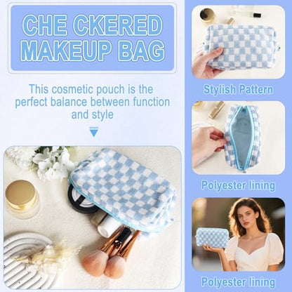 ZLFSRQ 6Pcs Checkered Pencil Case Cute Pencil Pouch for Teens Checkered Makeup Bag Blue Medium Travel Cosmetic Bag Makeup Pouch for Purse Aesthetic Trendy Zipper Toiletry Bags Organizer - color: Checkered 6Pcs M Blue