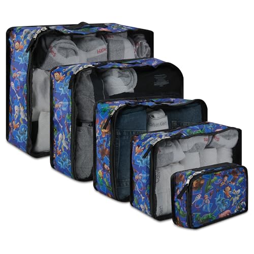 Disney Minnie Mickey Stitch Packing Cubes - Winnie the Pooh, Princess Cinderella, Cars, Toy Story 5 Piece Packing Cubes Compression - Travel Essential - Luggage Suitcase Organizer Set - color: Blue