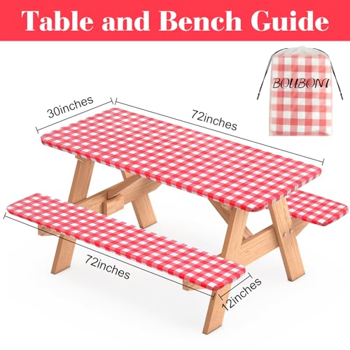 3 Pcs Set Fitted Picnic Table Cover with Bench Covers Vinyl Camping Table Cloth Flannel Backing for 6ft Tables Camping Outdoor (Red Checked, 30 x 72 Inches) - color: Red and White Plaid