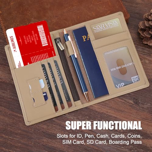 STAR VISTA Phoenix Leather Passport Holder, Calfskin Travel Wallet - RFID Blocking, ID Window, Zipper Pocket, Pen & Notebook Included, Ivory - color: Ivory Calfskin