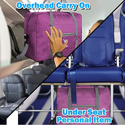 Bago Personal Item Travel Bag For Airlines - Fits As 18x14x8 inches Travel Bag Spirit & Frontier Airlines - Foldable Duffle Bag For Travel - Personal Item Bag Small Carry On Bag For Air Travel - color: Purple