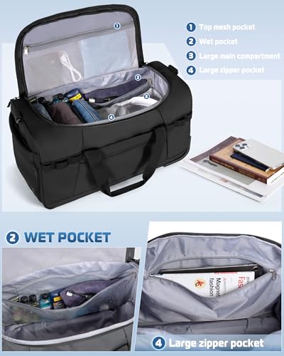 Smasrob 33L Rolling Duffle Bag with Wheels, Shoe Compartment and Wet Pocket, 21” Carry On Bag with Crossbody Strap, Black