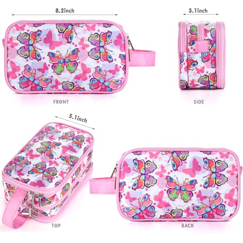 Kids Toiletry Bag for Girls, Travel Toiletry Bag for Little Young Girls Cosmetic Bag Makeup Bag Waterproof Hanging Wash Bag Toddler Toiletries, Butterfly Pink - color: Pink-Butterfly