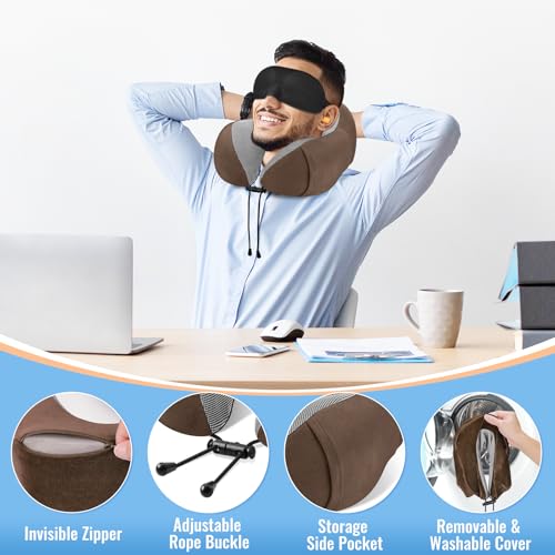 CloudBliss Travel Pillow for Plane, Memory Foam Neck Pillow for Travel, Airplane Pillow with Eye Mask, Earplugs, Storage Bag, Compact Neck Pillow for Long Flight, Car & Office, Trip Essentials, Brown - color: Brown