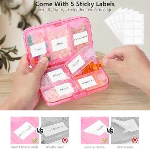 FYY Weekly Pill Organizer with Labels,8 Compartments Travel Daily Pill Case Airtight Moistureproof Large Pill Box to Hold Vitamins, Fish Oil, Supplements,Cotton Swab and Bandages-Hot Pink - color: Hot Pink