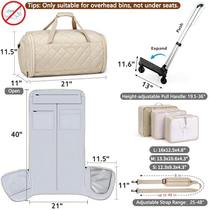 Rolling Garment Bags for Travel - Carry on Convertible Garment Duffle Bags with Wheels for Men Women, 4 in 1 Large Travel Duffel Bags with Shoes Compartment Hanging Suit Dress Weekender Bag 4pcs Set - color: Khaki