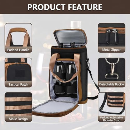 Rexmore Insulated Two Bottle Wine Tote Carrier, Tactical Cooler Bag with Secure Compartment & Adjustable Strap, Holds Glasses & Opener for Picnic, Beach, Travel & Parties - Gift for Wine Lovers