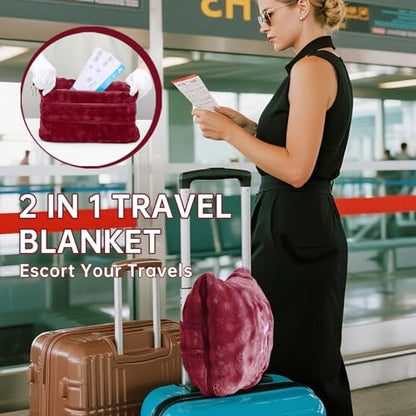 Travel Blanket and Pillow-2-in-1, Ultra-Soft&Compact,Airplane Blanket with Hand Luggage Belt and Backpack Clip,Travelers Accessories Gifts, 61x43 Inches（Burgundy） - color: Burgundy