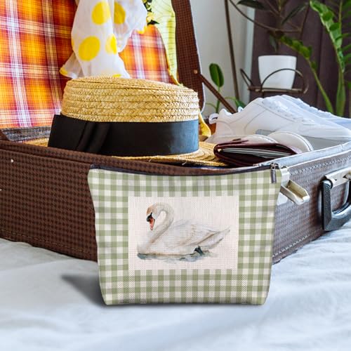 Sage Green and White Gingham Swan Makeup Bag, Elegant White Swan Waterfowl Plaid Checkered Cosmetic Bags for Women, Bird Lovers Gifts Makeup Zipper Pouch - color: White Swan-Green