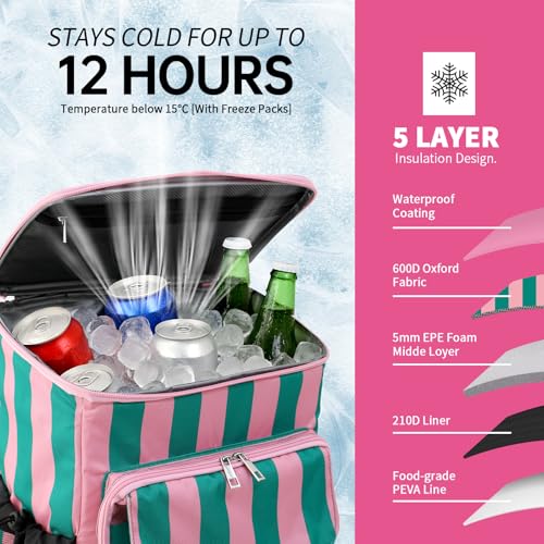 DYSHAYEN Cooler Backpack,Lightweight Backpack Cooler Insulated Leak Proof,30 Cans Soft Cooler Bag for Beach,Camping,Beach,Picnic,Lunch - color: Green and Pink Stripe