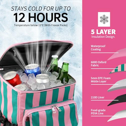 DYSHAYEN Cooler Backpack,Lightweight Backpack Cooler Insulated Leak Proof,30 Cans Soft Cooler Bag for Beach,Camping,Beach,Picnic,Lunch - color: Green and Pink Stripe