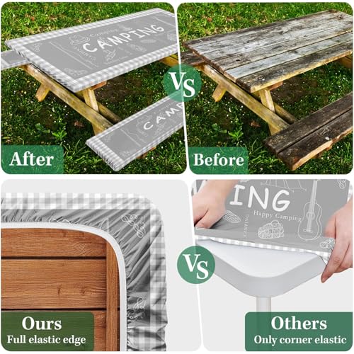 Picnic Table Cover with Bench Covers Elastic Edges, Grey Camper Fitted Table Cover, Outdoor Patio Camping Essentials 72 Inch 3PCS, Waterproof Camping Fitted Tablecloth with Drawstring Bag - color: Grey, size: 72in