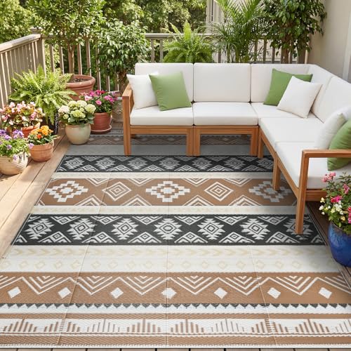 famibay Outdoor Rug Reversible Portable Plastic Straw Camping Rugs, Large Waterproof Outdoor Area Rugs for Patio, RV, Backyard, Deck, Balcony, Picnic, Beach 8x10 Brown - color: Brown, size: 8' x 10' (Rectangular)