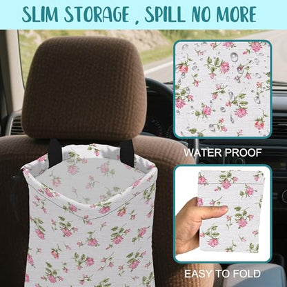 Car Garbage Bag Small Pink Rose Floral Drawstring Car Trash Bag Hanging for Back Seat with Adjustable Buckle Canvas Vehicle Trash Can Easy-to-Install - color: Small Pink Rose Floral