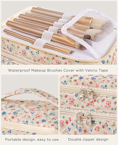 HBselect 2Pcs Travel Makeup Bag, Large Cotton Quilted Makeup Bag Cosmetic Bag Cute Make up Bag Toiletry Bags for Women Girls - color: 2PCS-FLOWER3