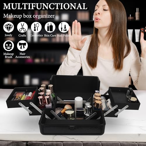 Makeup Train Case, 10.2 in Hard Vanity Makeup Box Organizer, Starry Black Cosmetic Organizer Case with 4 Trays, Lockable Portable Makeup Artist Travel Case for Nail Tech Supplies - color: Starry Black-S