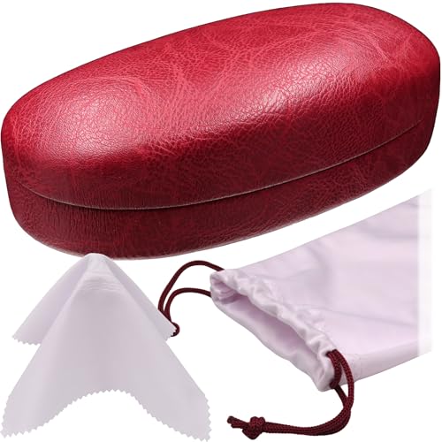 MyEyeglassCase Hard Sunglasses case - Women Glasses Case Holder - Large Durable Eyeglass Case Hard Shell with Pouch & Cloth - color: Burgundy Distressed