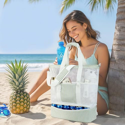 Bluboon Mesh Beach Tote Bag with Cooler Compartment Insulated Detachable Picnic Bag with Zipper and Pocket Pool Bag for Women - color: A-sage Green White Vertical Stripes