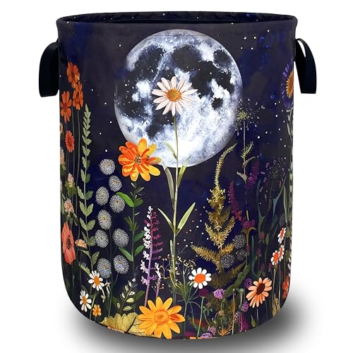 Moon Colorful Flowers Laundry Basket Oxford Cloth Beautiful Floral Laundry Hamper With Handle Foldable Portable Clothes Storage Basket Moon Laundry Bag 18.9"x16.5" For Laundry Room/Bedroom/Bathrooms - color: Full Moon Floral and Butterfly