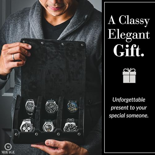 Black Watch Case for Men - 6-watch Roll Travel Case by Mirage - Super Black motif design - color: Super Black 6-watch case