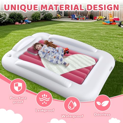 Inflatable Toddler Travel Bed - 60 Inches Portable Toddler Bed for Travel with Safety Sides - Cozy Kids Air Mattress Set with High-Speed Pump & Carry Case - Lightweight & Easy to Inflate(Pink) - color: Pink