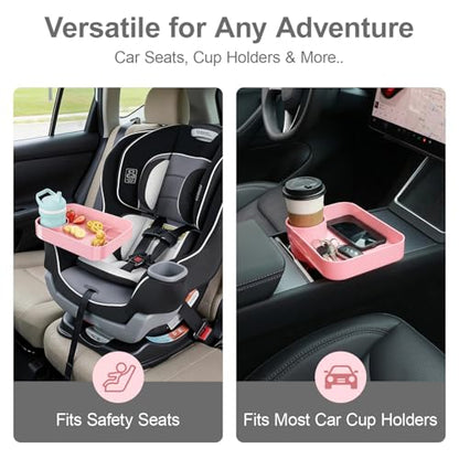 Car Seat Snack Tray for Toddlers - 3 Inch Cup Holder Fits Most Sippy Cups & Straw Bottles with Dip Well, Mess-Free Square Kids Travel Tray Road Trip Essentials, Pink - color: Pink