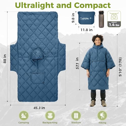 ATEPA Wearable Sleeping Bag Blanket Poncho, Recycled Water-Resistant Camping Poncho, Stadium Blanket for Outdoor Sports - color: Blue