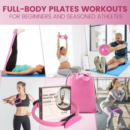 Pilates Kit for Women 13PCS, Pilates Ring and Ball Set with Magic Circle, Resistance Bands Set, Figure 8 Band, Yoga Ring & Grip Socks, Home Workout Equipment Essentials Starter Kit for Beginners - color: Pink