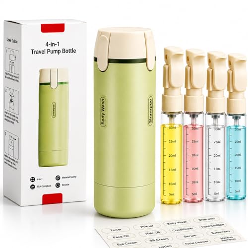4 in 1 Travel Dispenser Bottles Shampoo Refillable Leak Proof TSA Compliant Size Containers Toiletries Toiletry with Pump Design Portable Organizer Conditioner Lotion Cream Vacation (Green) - color: Green