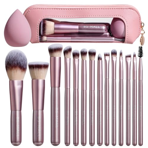 BS-MALL 14 Pcs Makeup Brushes Set with 1 Pcs Makeup Sponge – Essential Foundation Powder Concealers, Eye Shadows, Blush Makeup Brushes with Travel Makeup Case (Matte Gold Pink) - color: Matte Gold Pink