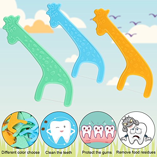 FAMILIFE Floss Picks, 120 Pcs Kid's Dental Floss Cleaner Without Fluoride, Tooth Pick Flossers with 4 Travel Handy Cases, Helps to Fight Tooth Decay and Keep Your Kids’ Teeth Clean, for Family - color: Giraffe 120 Pcs