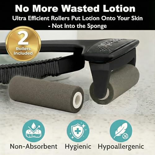 bearback Lotion Applicator for Back & Body - Long Reach Folding Handle with Reusable Foam Rollers - Apply Lotion, Medication, Ointment, Sunscreen, Self Tanner - (Black) (Handle with 2 Rollers) - color: Black