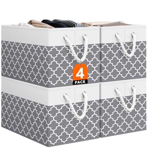 StorageTastic Storage Bin,Collapsible Storage Basket For Organizing,Large Storage Boxes With Rope Handles,Storage Containers,Clover Grey,4 Pack - color: Clover Grey, size: 15" X 10" X 9.5" (4 Pack)