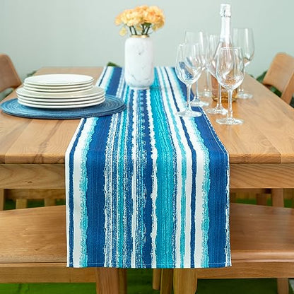 YiHomer Indoor Outdoor Tabletop for Spring Summer Decorations, Picnics and Dinner Parties - Stain and Water Resistant, Crayon Art (Ocean), Table Runner, 14 x 108 - size: 14" x 108" (Runner)