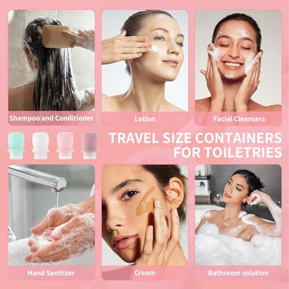 4 Pack 1oz Silicone Travel Bottles Leak Proof Squeeze Bottles For Toiletries Shampoo Conditioner Lotion Salad Dressing Travel Size Containers - color: Light pink, dark pink, green, white