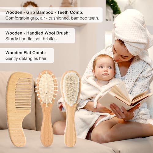 Baby Grooming Kit,Baby Health Care Kit,Baby Brush Soft Bristles Baby Nail Kit Nursery Care Kit Set (3pcs Wooden) - color: 3pcs Wooden