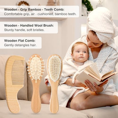 Baby Grooming Kit,Baby Health Care Kit,Baby Brush Soft Bristles Baby Nail Kit Nursery Care Kit Set (3pcs Wooden) - color: 3pcs Wooden