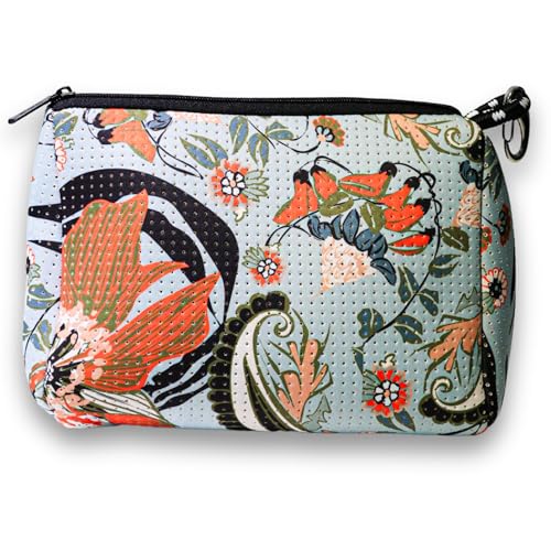 POPUPS Brand Large Makeup Bag with Zipper - Neoprene Machine Washable Travel Toiletry Cosmetic Organizer Pouch for Women (Print Blossom Blue) - color: Print Blossom Blue