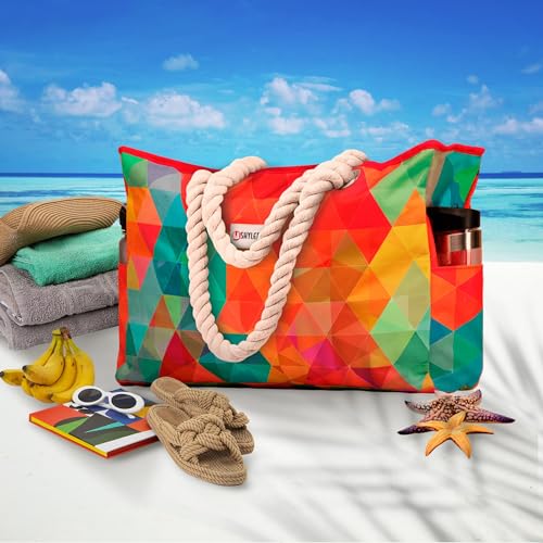 Beach Bag and Pool Bag Has Cooler Pocket, 7 Pockets Total, Zip Top. Family Size Waterproof Beach Tote - color: Colorful Starfish