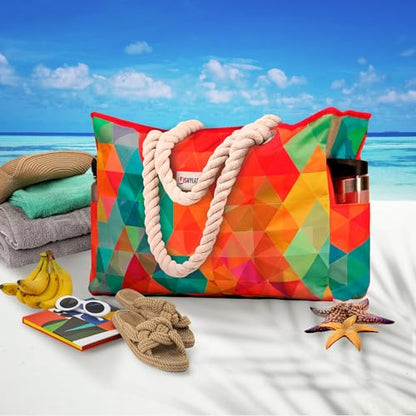 Beach Bag and Pool Bag Has Cooler Pocket, 7 Pockets Total, Zip Top. Family Size Waterproof Beach Tote - color: Colorful Starfish