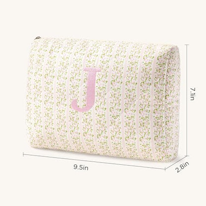 HBselect Initial Quilted Makeup Bag, Pink Cosmetic Travel Toiletry Bag, Flowers Coquette Zipper Make Up Pouch Organizer Teen Girl Gift Trendy Stuff J - color: 1Pc Medium Pinkflower, style: J