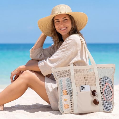Dntorx Women's Mesh Beach Bag, Stylish Beach Tote for Swimming, Travel & Vacation Essentials, Lightweight Design for Poolside - color: Beige