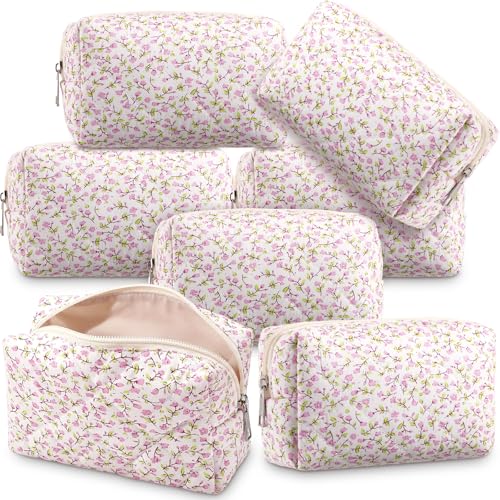 Paterr 6 Pcs Quilted Makeup Bag Bulk Floral Bow Cotton Cosmetic Bag Women Girls Gifts for Bridesmaids Wedding Birthday Coquette Aesthetic Cottagecore Travel Toiletry Pouch(Small Floral,Pink) - color: Pink, style: Small Floral