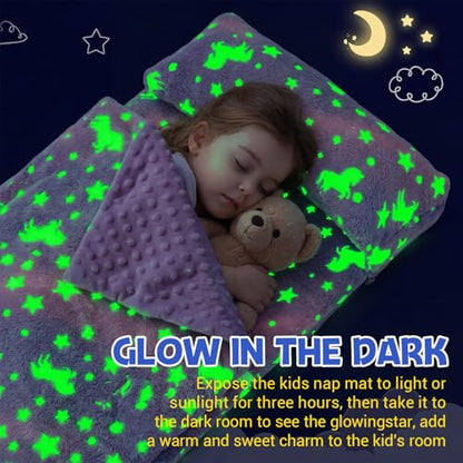 Preschool Nap Mat with Pillow and Blanket, 21" x 50" Glow Sleeping Bag Toddler Nap Mat for Daycare Kids, 2" Thick All in one Foldable Floor Mattress for Girl Boys - style: Unicorn