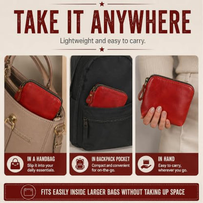 Full Grain Leather Cosmetic Bag – Zippered Makeup Pouch for Women, Small Travel Toiletry & Organizer Pouch for Purse, Premium Handmade Leather (5 × 4 × 2.5 in) - color: Red