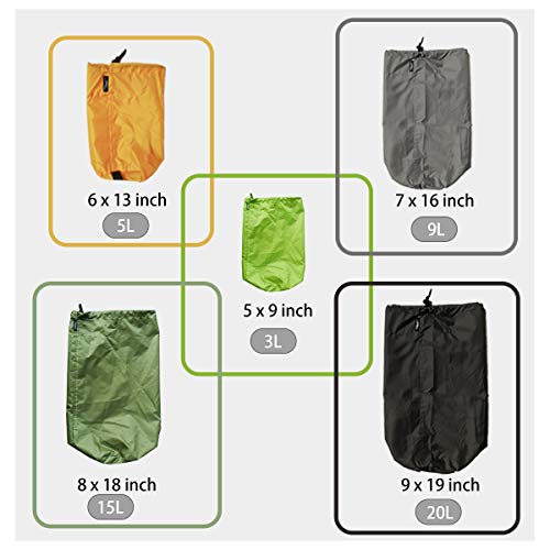 Frelaxy Stuff Sack Set 5-Pack (3L&5L&9L&15L&20L), Ultralight Ditty Bags with Dust Flap for Traveling Hiking Backpacking (Neon Green&Orange&Gray&Army Green&Black) - color: Neon Green&Orange&Gray&Army Green&Black