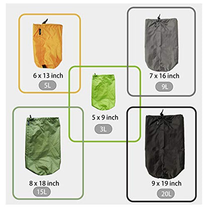 Frelaxy Stuff Sack Set 5-Pack (3L&5L&9L&15L&20L), Ultralight Ditty Bags with Dust Flap for Traveling Hiking Backpacking (Neon Green&Orange&Gray&Army Green&Black) - color: Neon Green&Orange&Gray&Army Green&Black