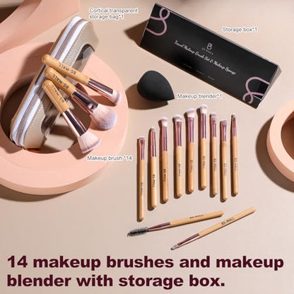 BS-MALL 14 Pcs Makeup Brushes Set with 1 Pcs Makeup Sponge – Essential Foundation Powder Concealers, Eye Shadows, Blush Makeup Brushes with Travel Makeup Case (Bamboo) - color: Bamboo